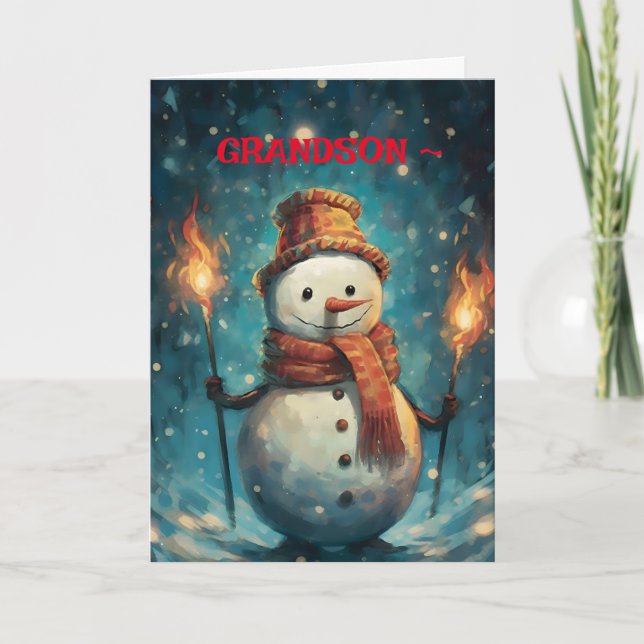 CARTÃO DE AGRADECIMENTO LANTERN SNOWMAN GRANDSON CHRISTMAS CARDD (Frente)