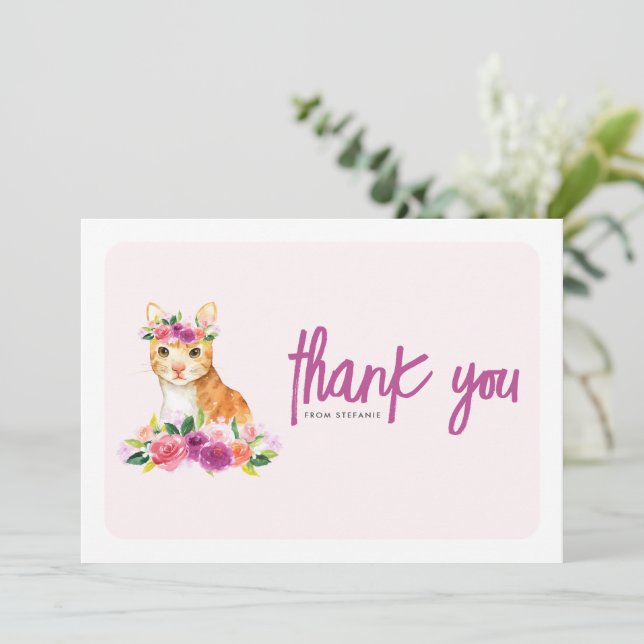 Cartão De Agradecimento Laranja de Aquarela Cat e Floral Roxo Aniversário (Em pé/Frente)