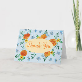 Cartão De Agradecimento Laranja Laranja Marigold Flores Azul Claro