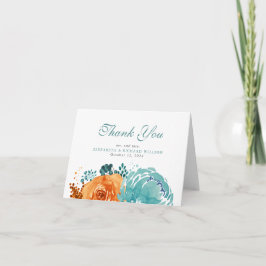 Cartão De Agradecimento Laranja Queimada Azul Turquesa Floral de Ação de G