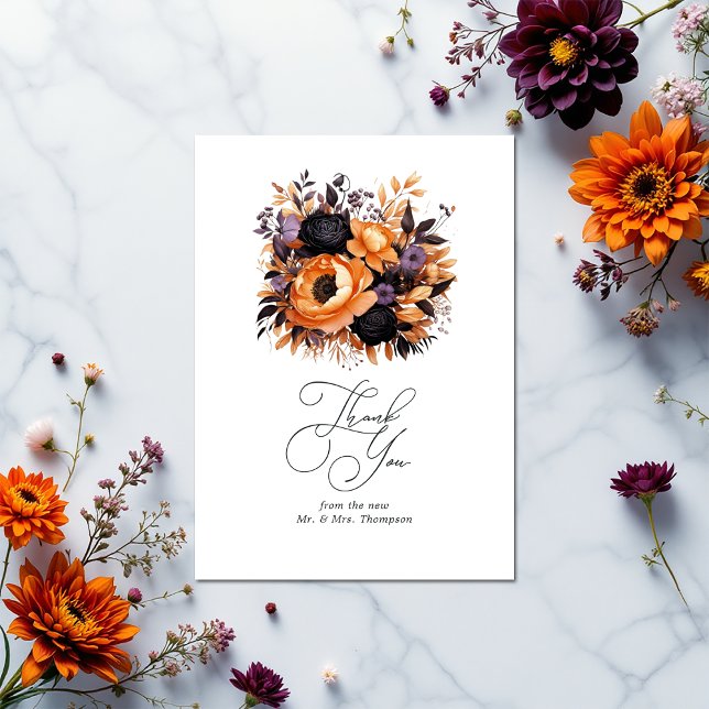 Cartão De Agradecimento Laranja queimada, Púrpura Escura e Casamento Flora (Burnt Orange, Dark Purple and Black Floral Wedding Thank You Card)