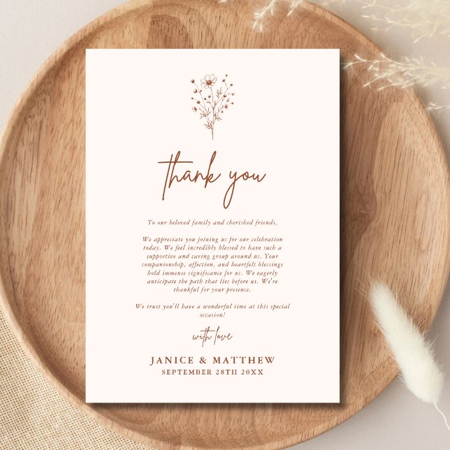 Cartão De Agradecimento Laranja Queimado Rústico Botânicos Boho Casamento  (Burnt orange boho thank you card adds warm charm and heartfelt gratitude to your fall wedding notes)