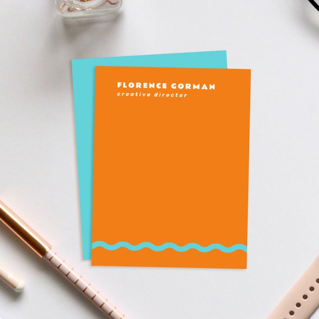 Cartão De Agradecimento Laranja Suculenta e Turquesa Wavy Frame Pessoal (bright juicy orange personal stationery note cards with turquoise blue backer and wavy line detail)