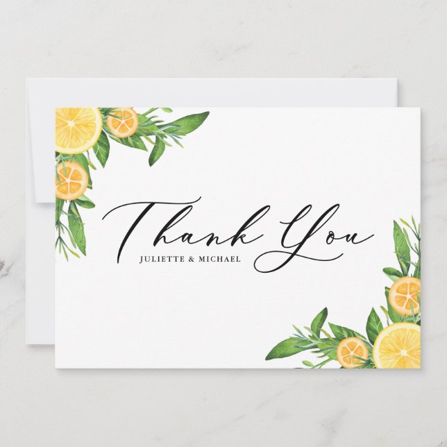 Cartão De Agradecimento Laranjas de Aquarelas e Limões Casamento de Verão (Frente)