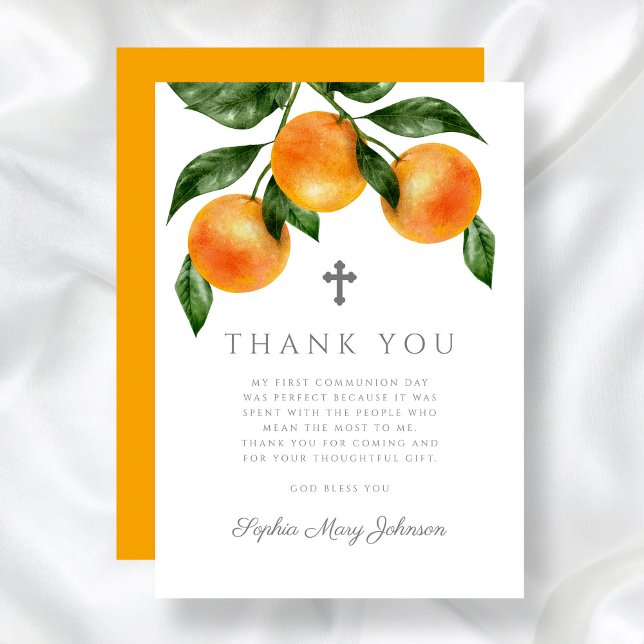Cartão De Agradecimento Laranjas Elegantes Primeira Comunhão Sagrada (Elegant Oranges First Holy Communion Thank You Card)
