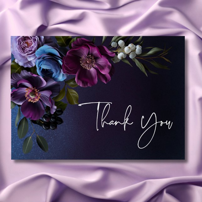 Cartão De Agradecimento Lavanda Azul Escuro Chá de panela Floral (Dark Moody Blue Lavender Floral Bridal Shower Thank You Card)