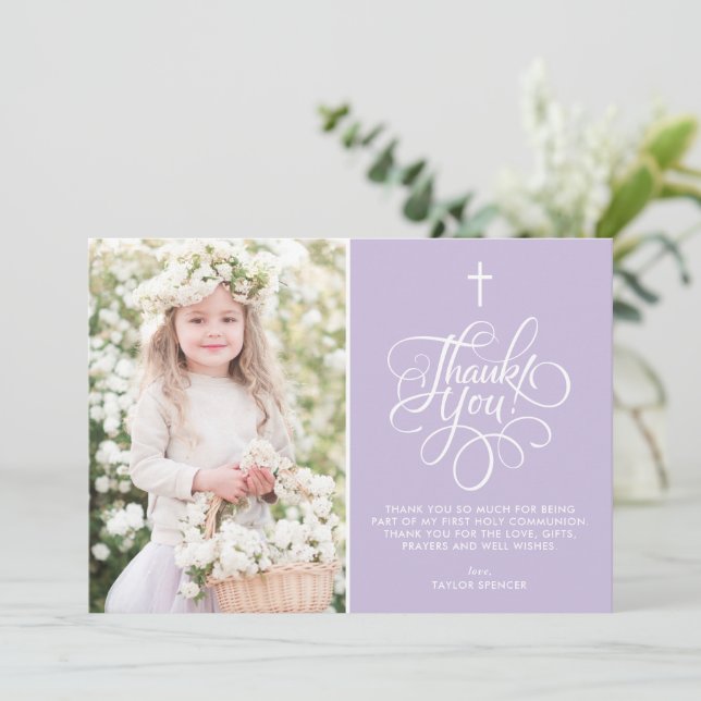 Cartão De Agradecimento Lavanda de Script Whimsical Primeira Comunhão Sagr (Em pé/Frente)