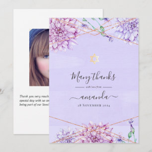 Cartão De Agradecimento Lavanda e Dourado Floral Geométrico Bat Mitzvah