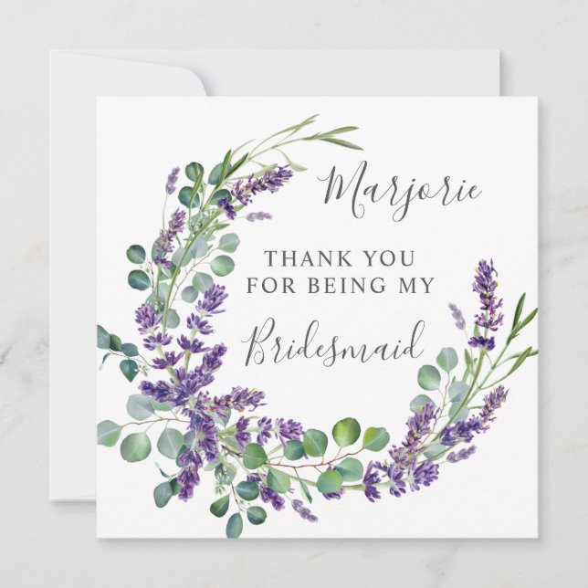 Cartão De Agradecimento Lavanda Roxa Eucalyptus Bridesmaid Obrigado (Frente)