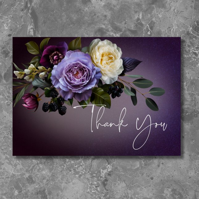 Cartão De Agradecimento Lavanda Roxo Escuro Moderno (Dark Moody Purple & Lavender Floral Modern Thank You Card)