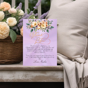 Cartão De Agradecimento Lavanda - Tiara Floral e Dourada Quinceanera