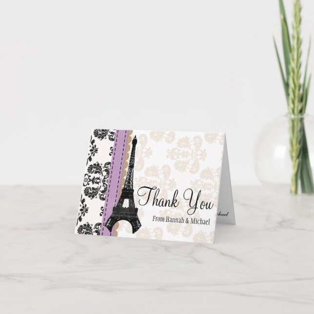 CARTÃO DE AGRADECIMENTO LAVENDER AND BLACK DAMASK EIFFEL TOWER THANK YOU (Frente)