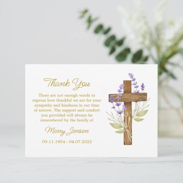 Cartão De Agradecimento Lavender Cross Sympathy Thank You Card (Em pé/Frente)