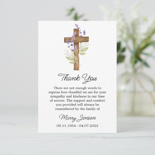 Cartão De Agradecimento Lavender Cross Sympathy Thank You Card (Em pé/Frente)