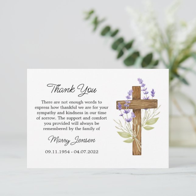 Cartão De Agradecimento Lavender Cross Sympathy Thank You Card (Em pé/Frente)