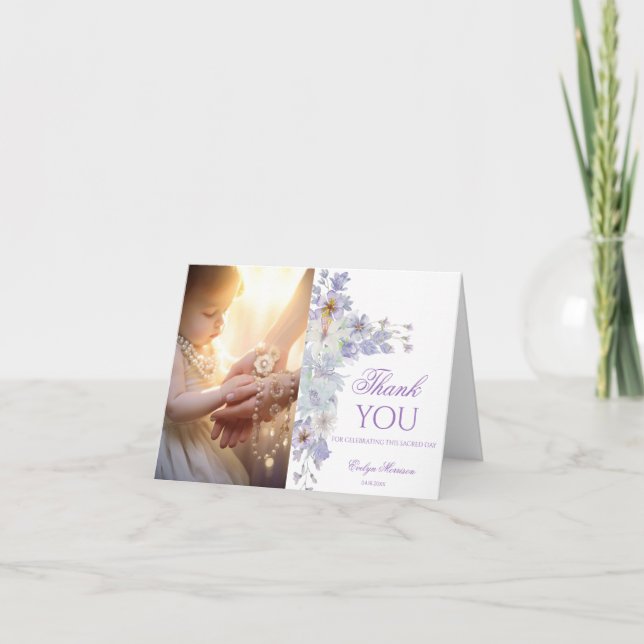 Cartão De Agradecimento Lavender Floral Baptism Photo Thank You Card (Frente)