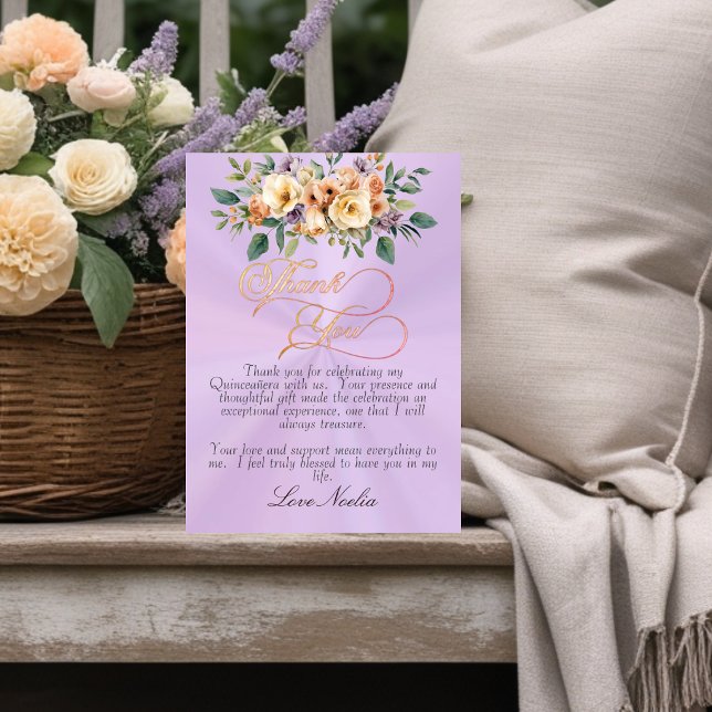 Cartão De Agradecimento Lavender - Floral & Silver Tiara Quinceanera (Criador carregado)