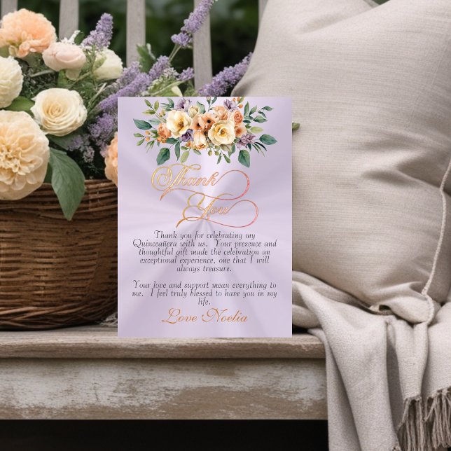 Cartão De Agradecimento Lavender - Floral & Silver Tiara Quinceanera (Criador carregado)