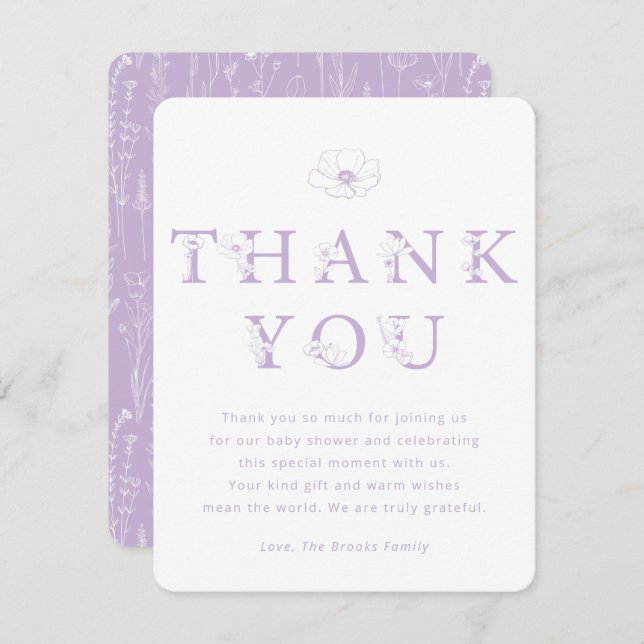 Cartão De Agradecimento Lavender Floral Thank You Card | Baby Shower (Frente/Verso)