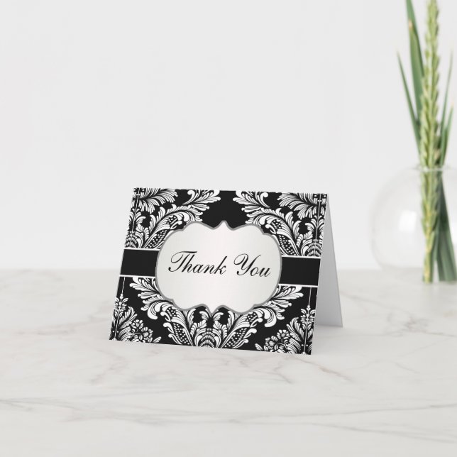 Cartão De Agradecimento Leafy Damask White sobre Casamento Negro Obrigado (Frente)
