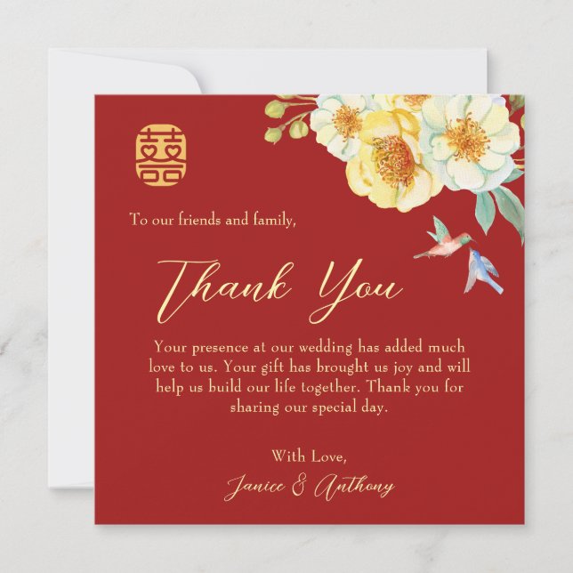 Cartão De Agradecimento Leão-voador-voador-vermelho-casamento chinês (Frente)