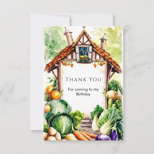 Cartão De Agradecimento Legumes Aquarela Mercado de Produtores Aniversário (Frente)