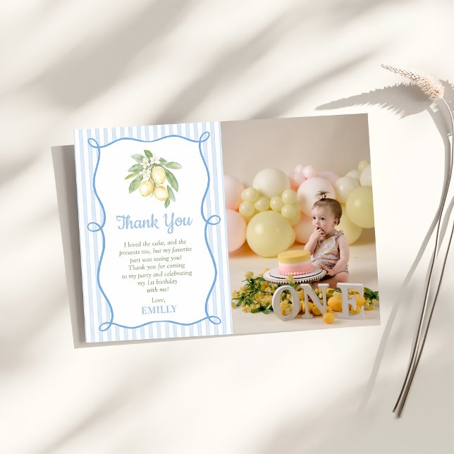 Cartão De Agradecimento Lemon Blue Stripes Birthday Flat Thank You Card (Criador carregado)