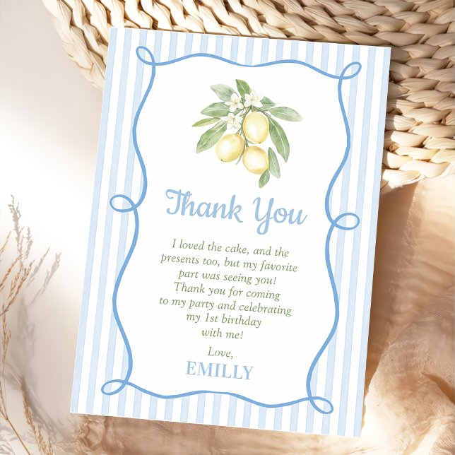 Cartão De Agradecimento Lemon Blue Stripes Birthday Flat Thank You Card (Criador carregado)