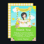 Cartão De Agradecimento Lemonade Stand Birthday Black Hair Girl<br><div class="desc">Este cartões de agradecimentos bonito e caprichoso apresenta uma cabeleira preta com pele justa num suporte de limonada amarela que é decorado com flores e beliche. Ao fundo está um céu azul, sol e borboletas. O texto combina fontes decorativas e sans serif para um aspecto na moda e moderno. Isto...</div>