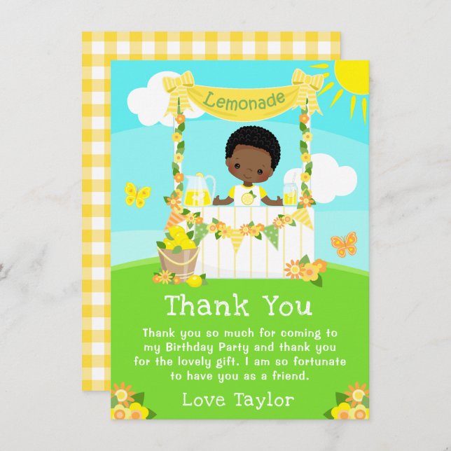 Cartão De Agradecimento Lemonade Stand Birthday Dark Skin Boy (Frente/Verso)