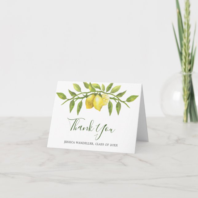 Cartão De Agradecimento Lemons Wreath & Greenery Watercolor (Frente)
