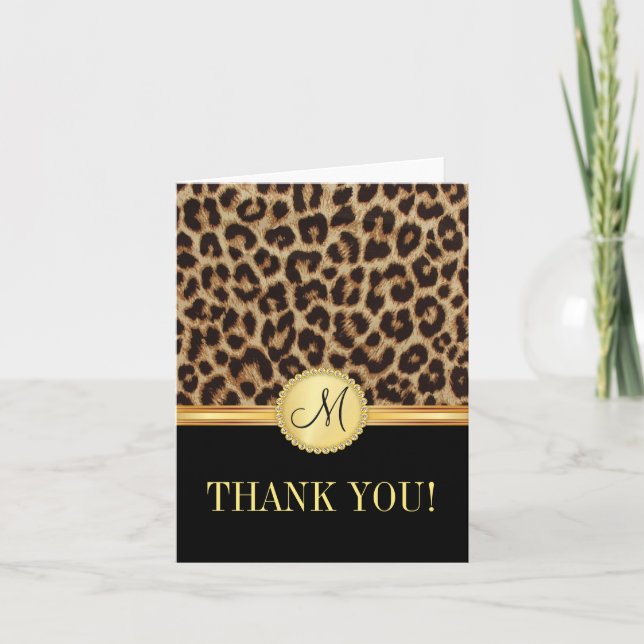 Cartão De Agradecimento Leopard Bling Monogram Thank You Cards (Frente)