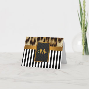 Cartão De Agradecimento Leopard Gold Black White Stripe Monogram ThankYou