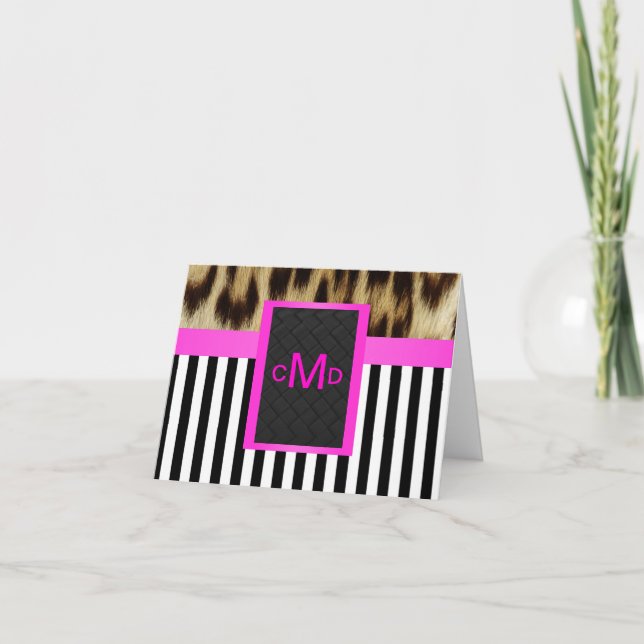 Cartão De Agradecimento Leopard Hot Pink Black White Stripe Monogram (Frente)