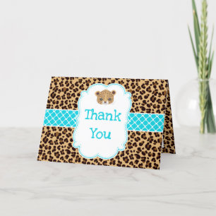 Cartão De Agradecimento Leopard Print Blue Quatrefoil 'Obrigado'