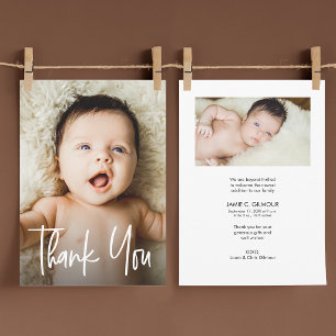 Cartão De Agradecimento Lettering Moderno 2 Fotos de Bebê Obrigado