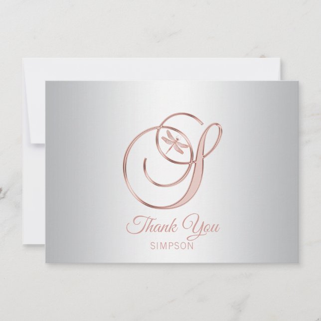 Cartão De Agradecimento Libélula Prata Cinza Rosa Dourado Obrigado | S (Frente)