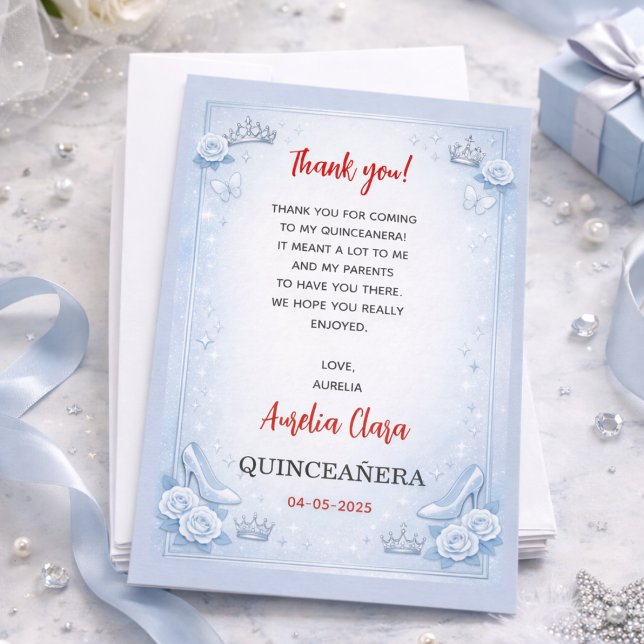 Cartão De Agradecimento Light Blue Silver Princess Quinceanera Birthday (Light Blue Silver Princess Quinceanera Birthday Thank You Card)