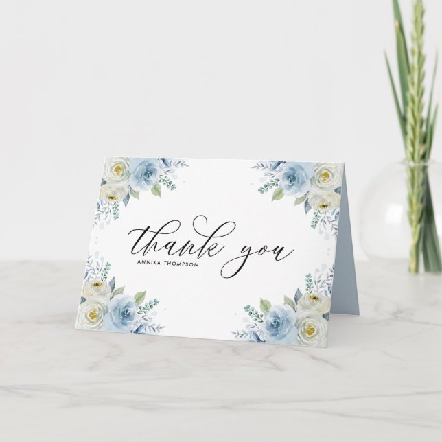 Cartão De Agradecimento Light Blue Watercolor Floral Bouquet Wedding (Frente)