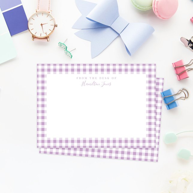 Cartão De Agradecimento Lilac Gingham Check Personal Stationery Card (sweet and simple lilac purple gingham patterned child's stationery with personalized name text)