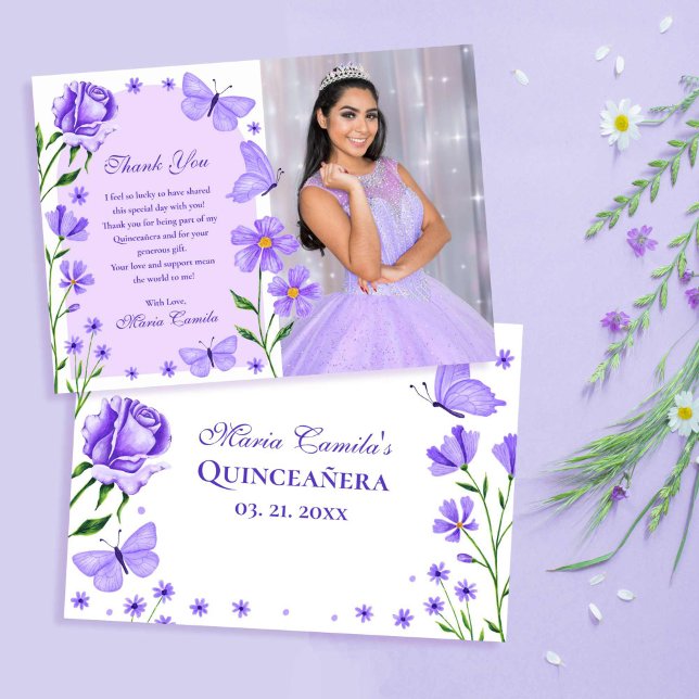 Cartão De Agradecimento Lilac Purple Floral Butterflies Foto Quinceañera (Lilac Purple Floral Butterflies Photo Quinceañera Thank You Card)