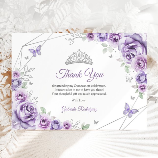 Cartão De Agradecimento Lilac Purple Silver Floral Quinceanera (Criador carregado)