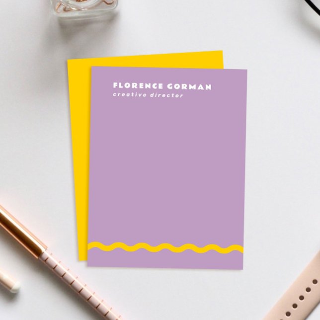 Cartão De Agradecimento Lilás Roxo e Moldura Ondulada Amarela Ensolarada P (lilac purple personal stationery note cards with sunny lemon yellow backer and wavy line detail)