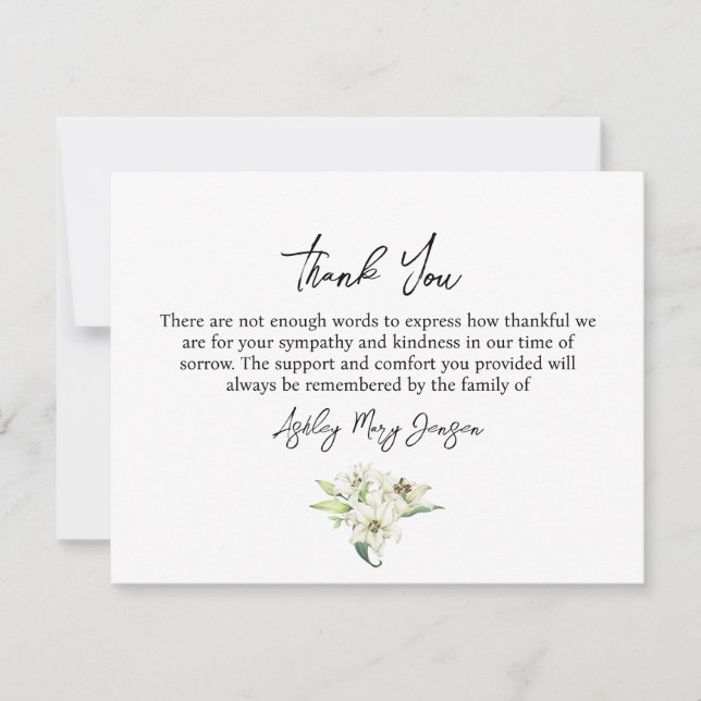 Cartão De Agradecimento Lily Funeral Thank You Note Card Bereavement (Frente)