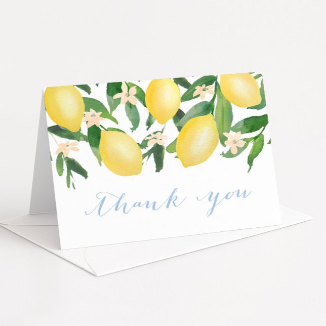 Cartão De Agradecimento Limões Pó Citrino Azul Ou Chá de panela (Baby boy shower thank you card featuring watercolor lemons and blossoms and blue calligraphy font)