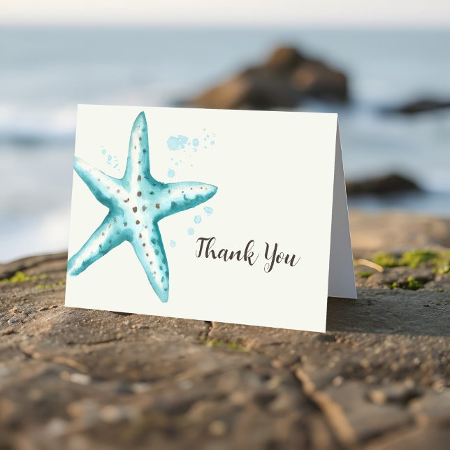 Cartão De Agradecimento Linda Estrela-do-Mar Água Tonalidade Aquarela Chuv (Aqua starfish bridal shower thank you card in coastal watercolor style. Great for seaside wedding!)