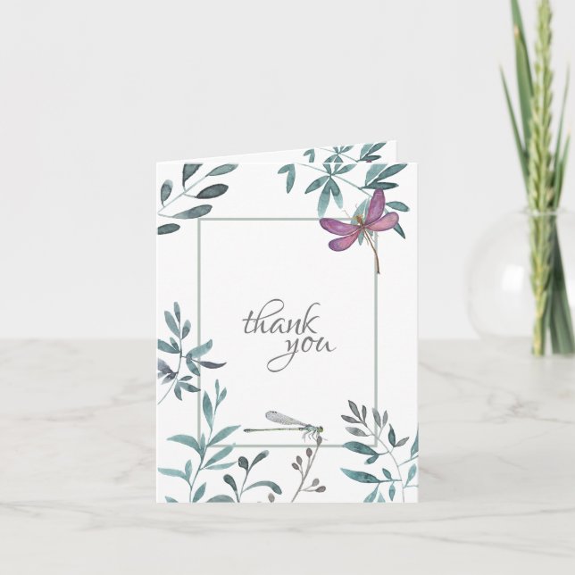 Cartão De Agradecimento Linda Libélula Aquarela Jardim Verde, Branco (Frente)