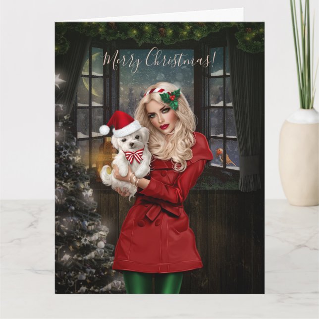 Cartão De Agradecimento Linda Menina De Natal Com Cachorro Bonito (Frente)