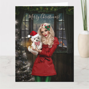 Cartão De Agradecimento Linda Menina De Natal Com Cachorro Bonito