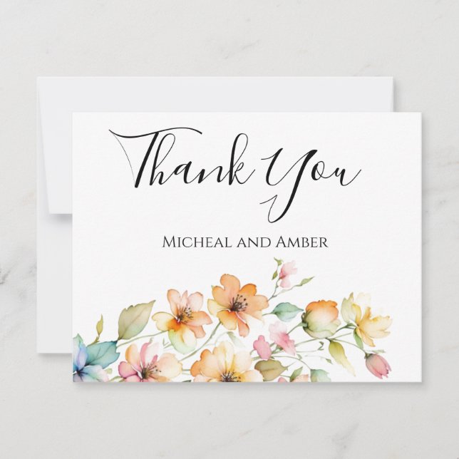 Cartão De Agradecimento Lindas Flores Silvestres Aquarela Laranja Rosa Boê (Frente)